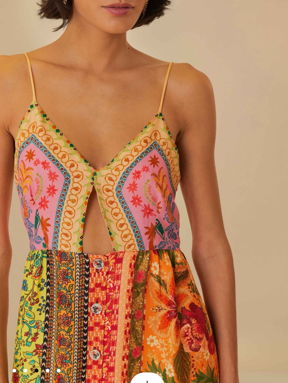 FARM Rio Multicolor Patchwork Midi Dress with Pink & Turquoise Accents - Picture 3 of 9